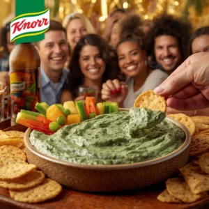 A person dipping a cracker into a bowl of Knorr spinach dip, surrounded by fresh vegetables and crackers, with a group of people smiling in the background.