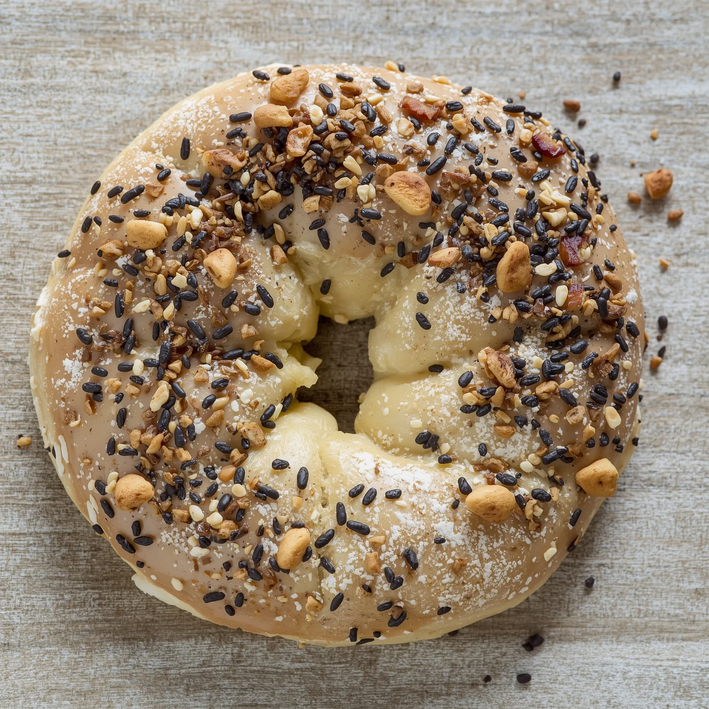 A close-up of a freshly baked bagel topped with a blend of sesame seeds, black seeds, and crushed nuts, showcasing its soft and golden appearance.