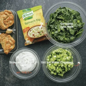 Ingredients for Knorr Spinach Dip, including fresh spinach, sour cream, chopped celery, and a packet of Knorr Spinach Dip mix.