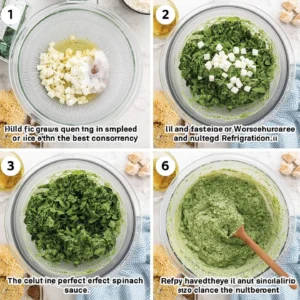 Step-by-step images showing the process of preparing Knorr Spinach Dip, from mixing ingredients to achieving the final creamy texture.