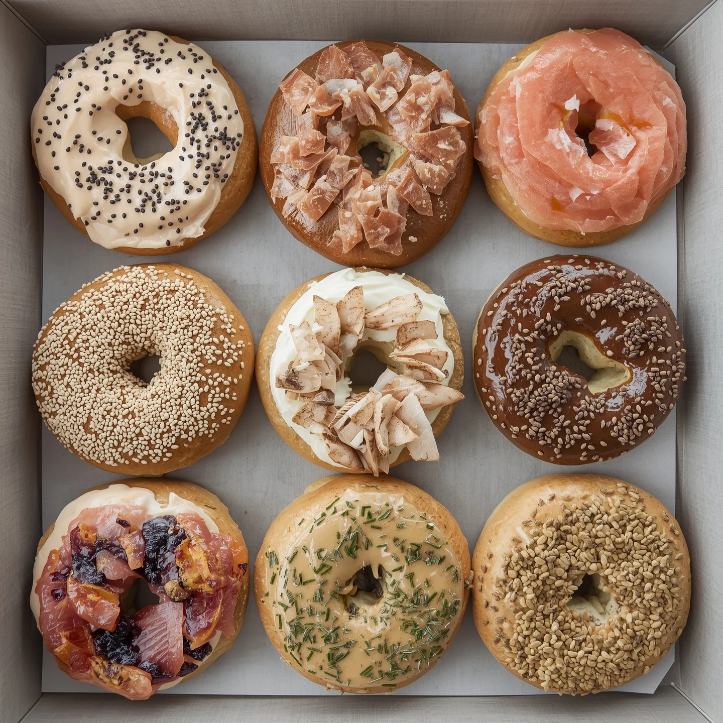 A variety of eight colorful bagels with different toppings, including sesame seeds, coconut flakes, grapefruit, rosemary, and fruit, arranged in a box.
