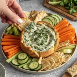 A hand dipping a cracker into creamy spinach dip served in a bread bowl, surrounded by fresh vegetables and crackers.
