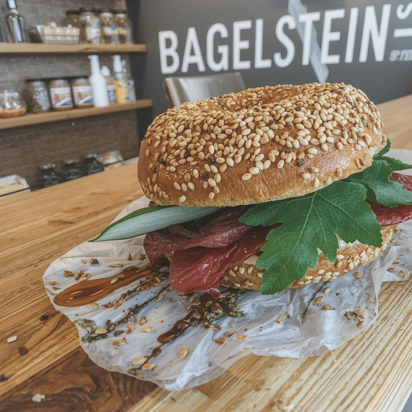 A sesame bagel sandwich with fresh lettuce, roasted red pepper, and a green onion, served on parchment paper with a modern Bagelstein background.