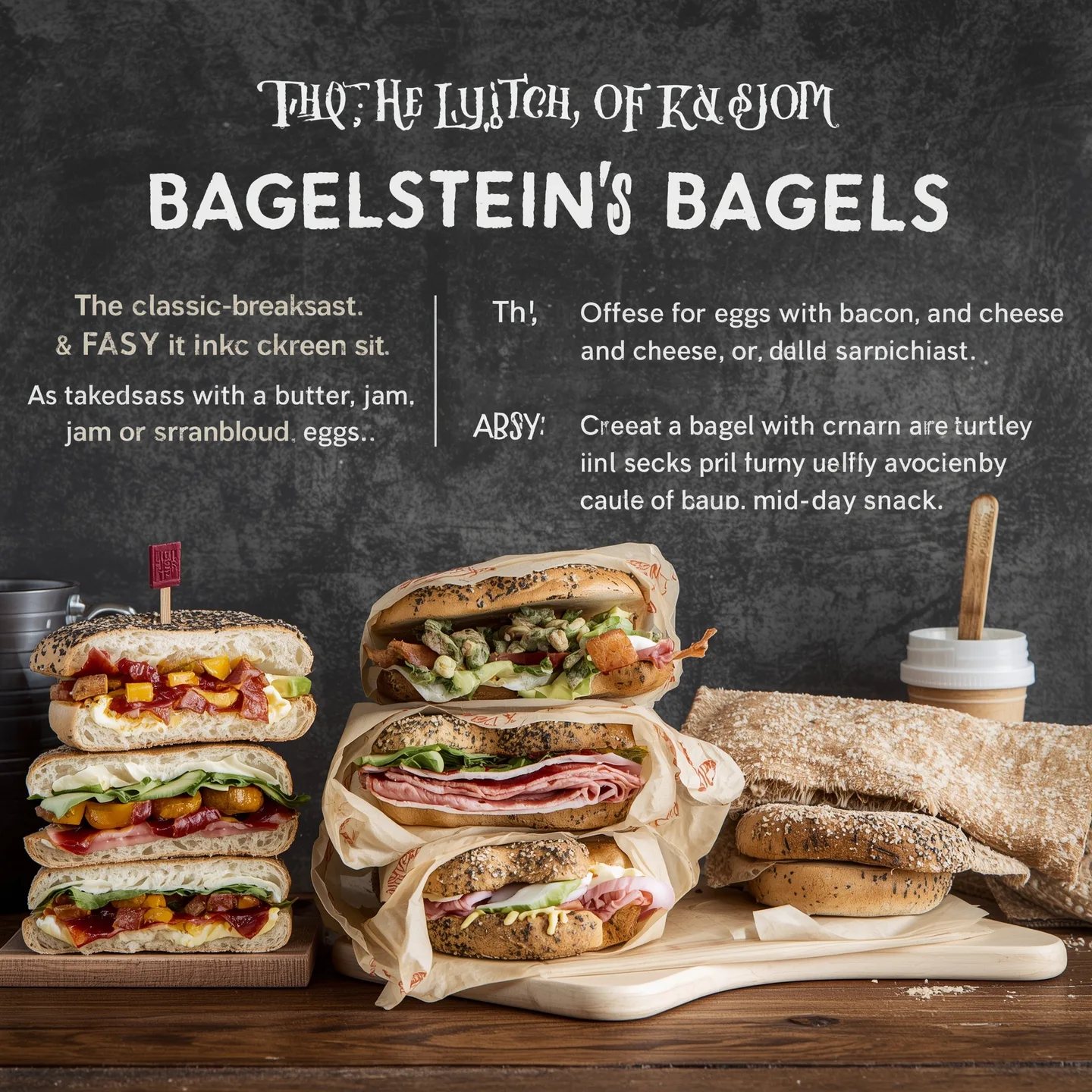 A creative display of Bagelstein's bagels, featuring different bagel sandwiches stacked on a wooden board, with some topped with eggs, bacon, cheese, and fresh vegetables, along with a coffee cup and napkin.