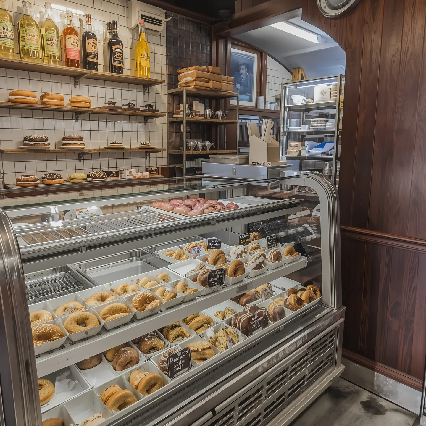 Interior view of a bagel shop showcasing a glass display case filled with a variety of bagels and pastries, with shelves above displaying more items and a clock on the wall.