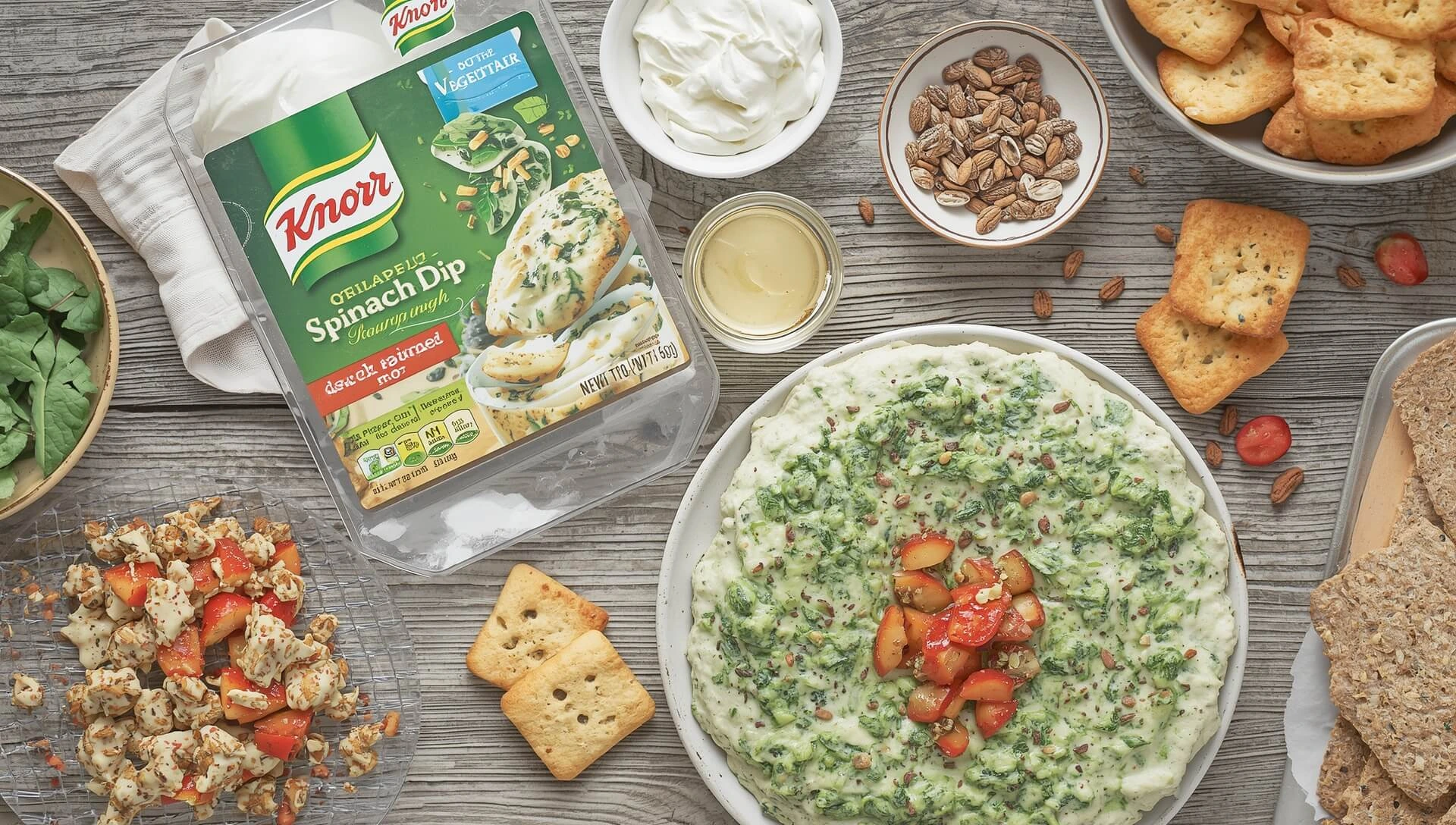 Knorr Spinach Dip Recipe served with crackers and fresh vegetables.