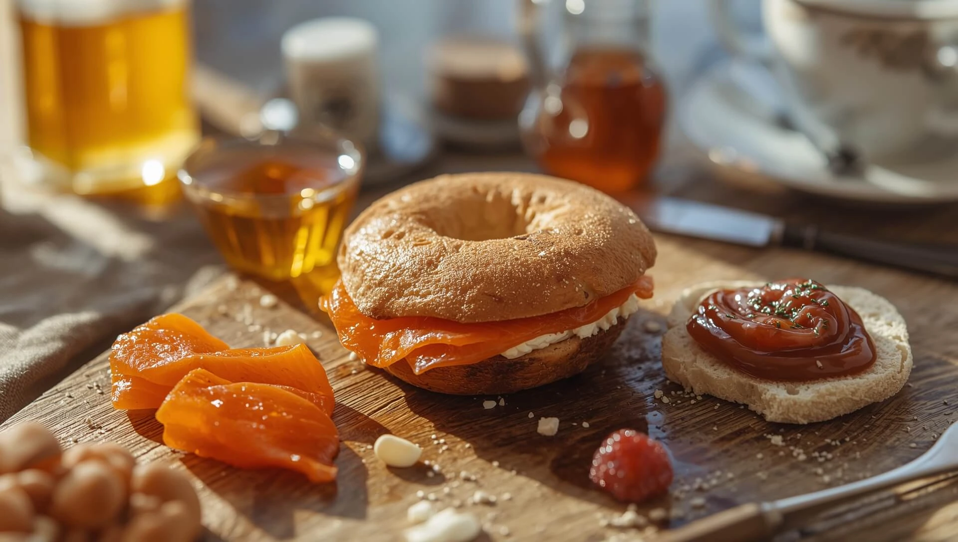 Bagels with cream cheese & lox, breakfast sandwiches, and sweet toppings