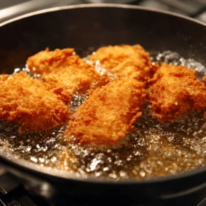 Chicken frying in hot oil in a pan