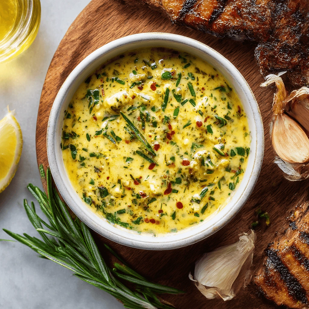 Bowl of cowboy butter with garlic, parsley, lemon, and red pepper flakes, served beside grilled steak, fresh rosemary, and garlic cloves.