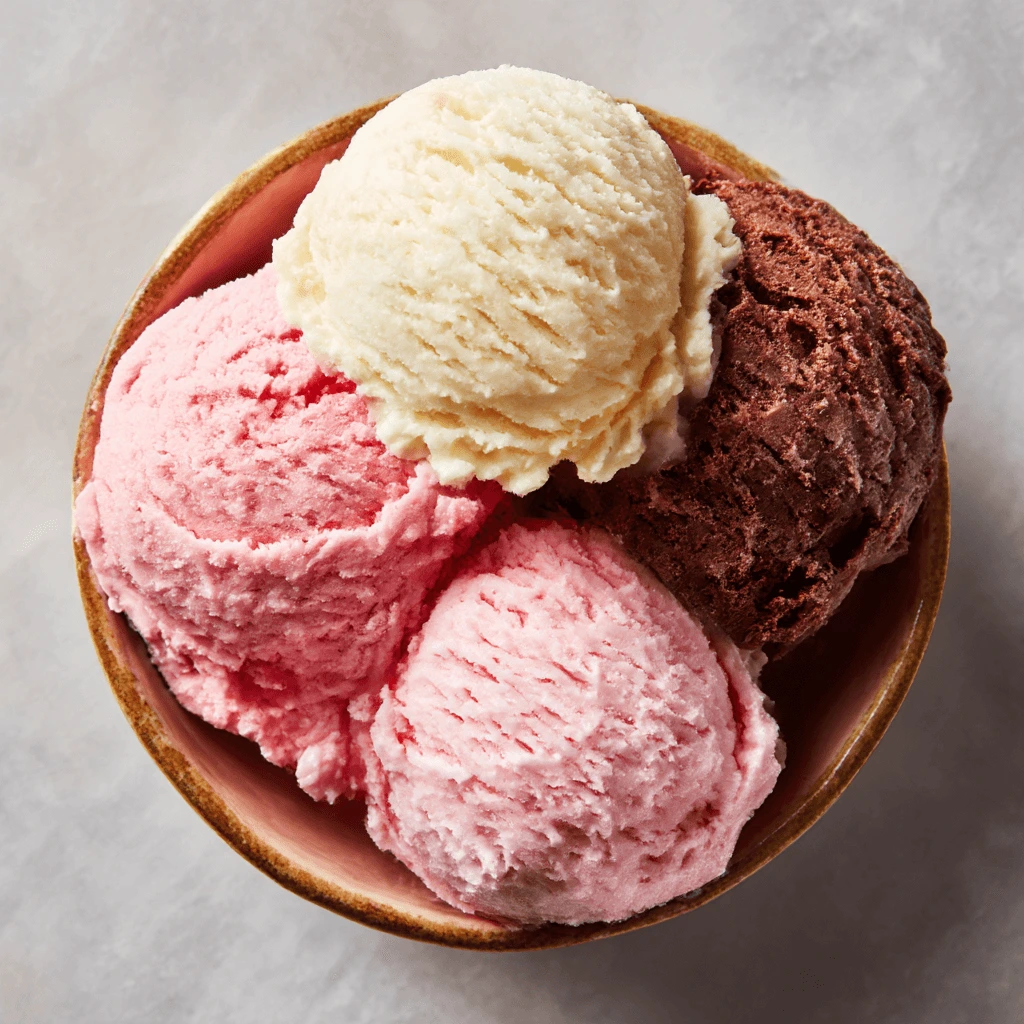 Scoops of Neapolitan ice cream with strawberry, vanilla, and chocolate flavors in a bowl.