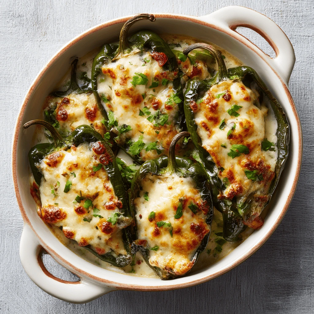 Cheesy stuffed poblano pepper recipes baked with melted cheese and fresh herbs in a casserole dish