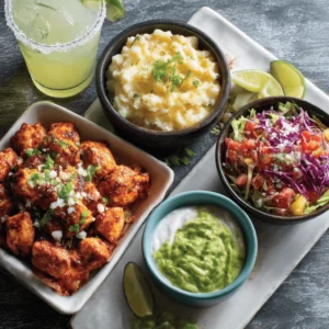 Chipotle chicken served with coleslaw and mashed potatoes
