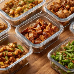 Chipotle chicken meal prep containers with rice and vegetables