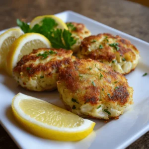 Golden brown homemade crab cakes on a plate served with fresh lemon wedges and parsley garnish.