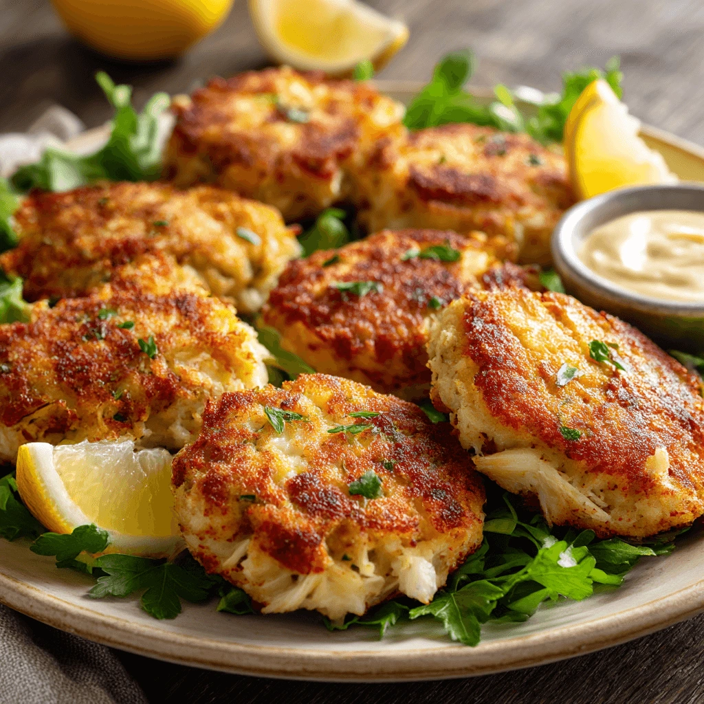 Easy homemade crab cake recipe with golden brown patties served with lemon wedges and parsley garnish.