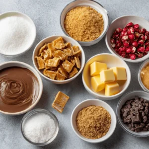 Christmas Crack recipe ingredients including butter, brown sugar, chocolate, toffee, and sprinkles.