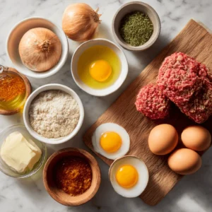 Fresh ingredients for an easy meatloaf recipe including ground beef, eggs, onions, breadcrumbs, and herbs.