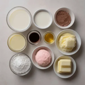 Bowls of ingredients for homemade Neapolitan ice cream, including milk, cream, cocoa, and strawberry flavoring.