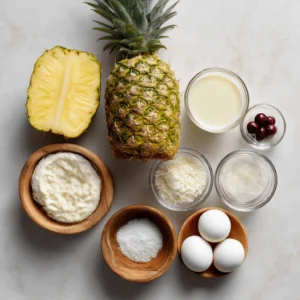 Fresh pineapple, coconut cream, shredded coconut, eggs, sugar, milk, and cherries arranged on a white surface as ingredients for a virgin piña colada.