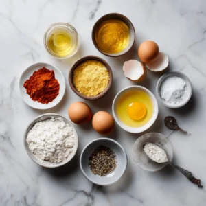 Baking ingredients for chocolate chip banana bread including flour, eggs, sugar, oil, and spices on a marble surface.