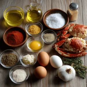 Fresh crab cake ingredients including crab meat, eggs, spices, herbs, and seasonings on a wooden table.