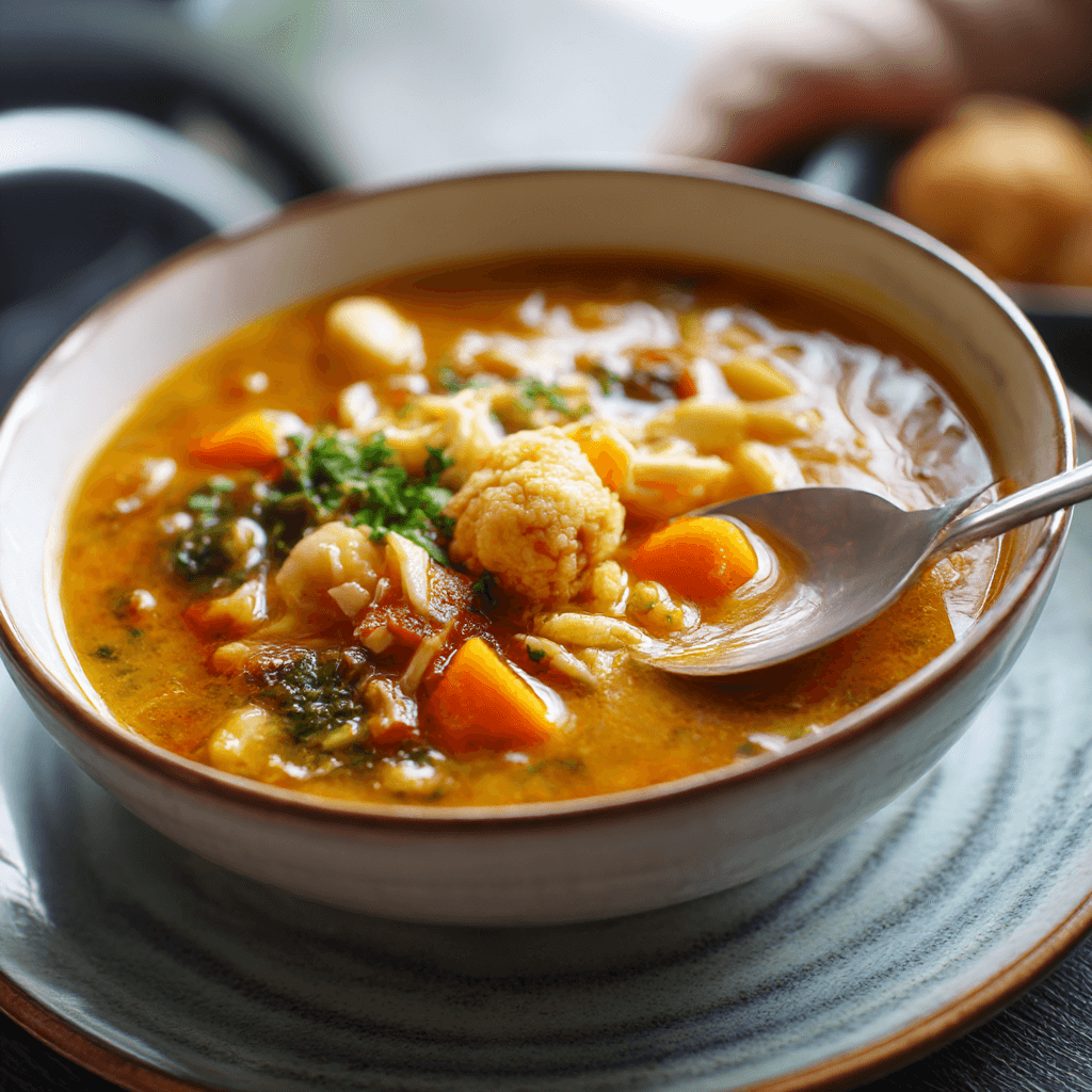 Bowl of chicken and vegetable soup with carrots, potatoes, and herbs — a nourishing MS soup recipe for energy and wellness