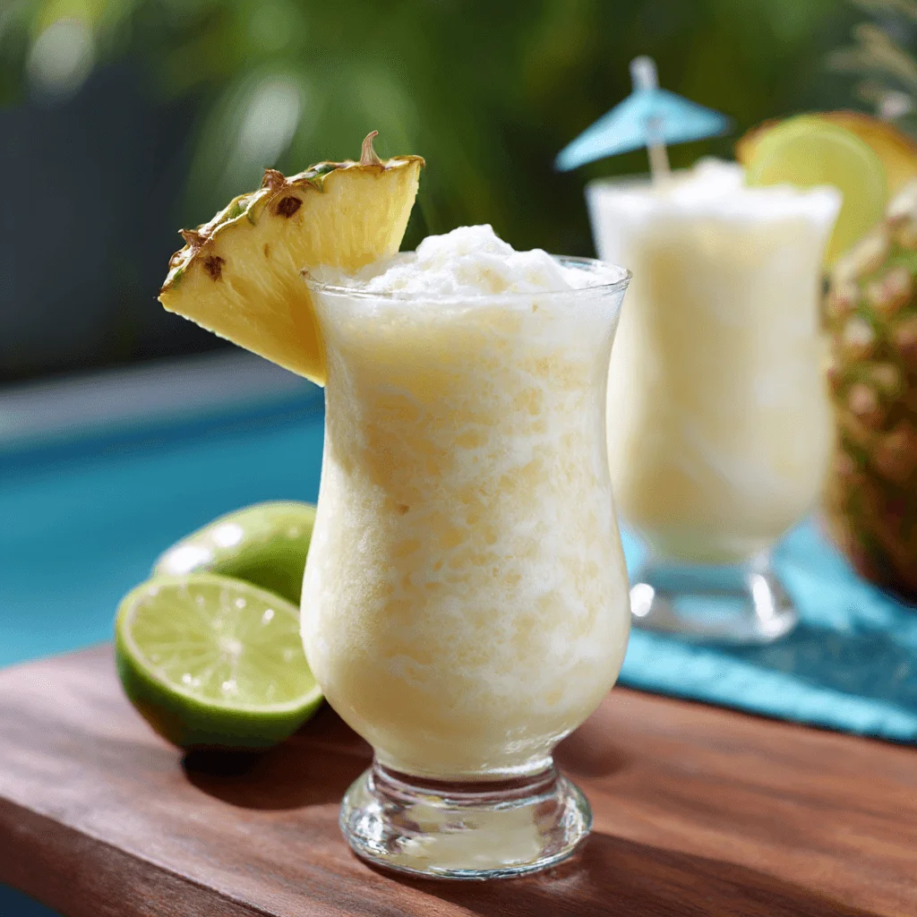Virgin pina colada recipe served in a chilled glass with a pineapple wedge garnish, fresh limes, and a tropical poolside background.