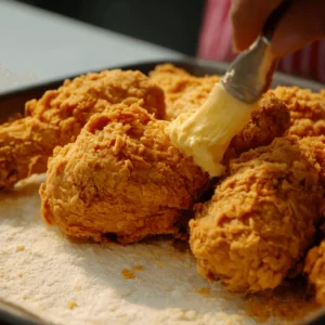 Chicken piece being coated with seasoned flour