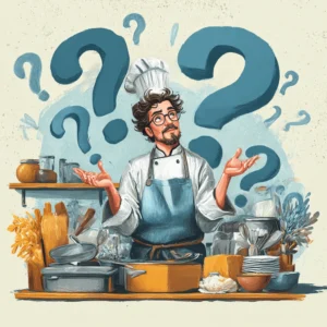 Confused chef surrounded by kitchen tools and question marks, representing FAQs about recipes and serving ideas.