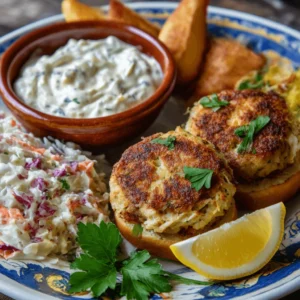 Homemade crab cakes served with tartar sauce, coleslaw, potato wedges, and lemon wedges on a plate.