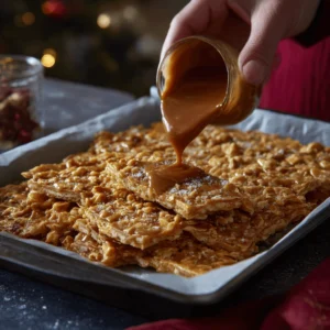 Pouring caramel toffee over saltine crackers to make Christmas Crack recipe.