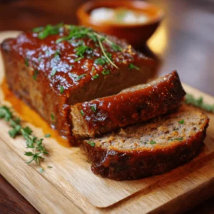 Sliced homemade meatloaf with ketchup glaze and fresh herbs on a wooden cutting board.