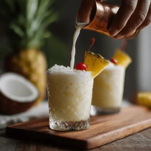 A glass of virgin piña colada being topped with creamy coconut milk, garnished with a pineapple wedge and maraschino cherry, with fresh pineapple and coconut in the background.