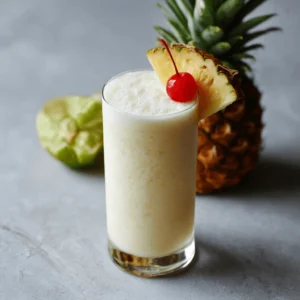 A tall glass of virgin piña colada garnished with a pineapple wedge and maraschino cherry, with a whole pineapple and lime in the background on a gray surface.