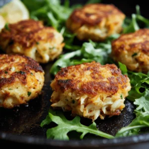 Golden brown homemade crab cakes served on a skillet with fresh greens.