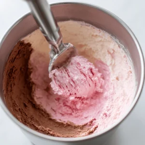 Scooping Neapolitan ice cream with visible strawberry, vanilla, and chocolate layers in a mixing bowl.