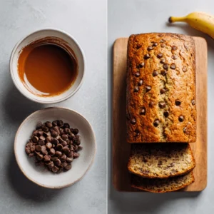 Ingredients and baked chocolate chip banana bread loaf with chocolate chips on top, sliced on a wooden board.