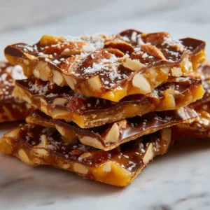 Stack of homemade Christmas Crack topped with almonds and sea salt.