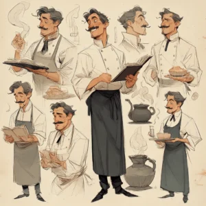 Artistic sketch of a smiling chef in different poses holding recipes, cooking pots, and serving food.