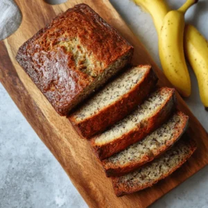 Freshly baked banana bread loaf sliced on a wooden board with ripe bananas beside it.