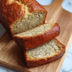 Freshly baked moist banana bread sliced on a wooden cutting board.