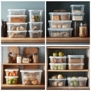 Pantry storage containers filled with fruits, grains, and baked goods neatly arranged on wooden shelves.