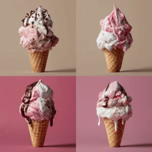 Four variations of Neapolitan ice cream cones with chocolate drizzle, strawberry swirls, and whipped toppings.