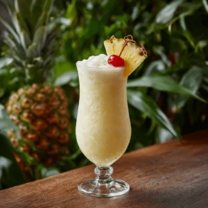 A tall hurricane glass of creamy virgin piña colada garnished with a pineapple wedge and maraschino cherry, with a fresh pineapple in the background.