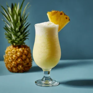 A frosty virgin piña colada in a hurricane glass, garnished with a fresh pineapple wedge, with a whole pineapple in the background against a blue backdrop.
