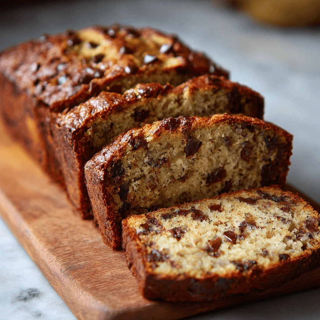 Freshly baked chocolate chip banana bread sliced on a wooden board, showing moist texture with melted chocolate chips.
