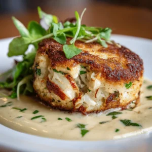 Gourmet crab cake with golden crust served on creamy sauce and garnished with fresh greens.