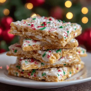 White chocolate Christmas Crack topped with festive sprinkles on a holiday plate.