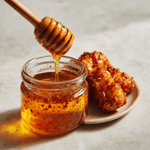 Hot honey in a glass jar with chili flakes