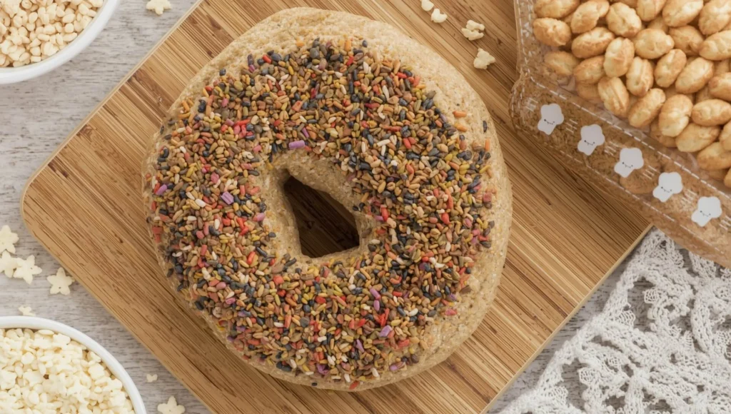 Fresh Royo Bagels on a wooden board, golden crust and chewy interior